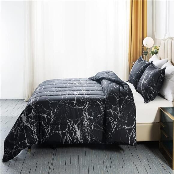Black Marble Comforter Set Full Size, 3 Pieces Modern Pattern Soft Microfiber - Picture 3 of 8